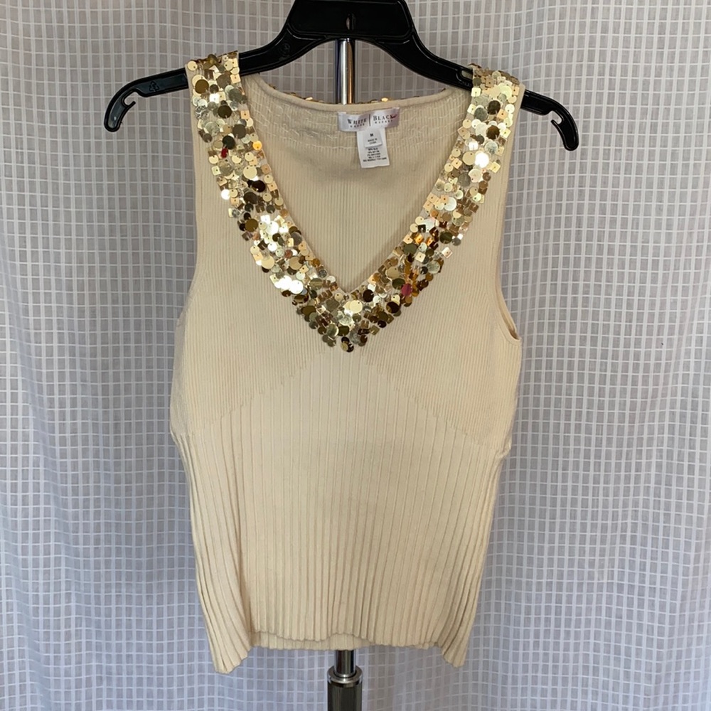 White House Black Market Silk Tank Top Gold Sequined V-Neck Collar Medium